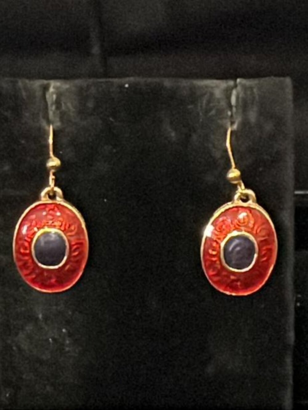 Textured Enamel Red Oval with Black Center Earrings